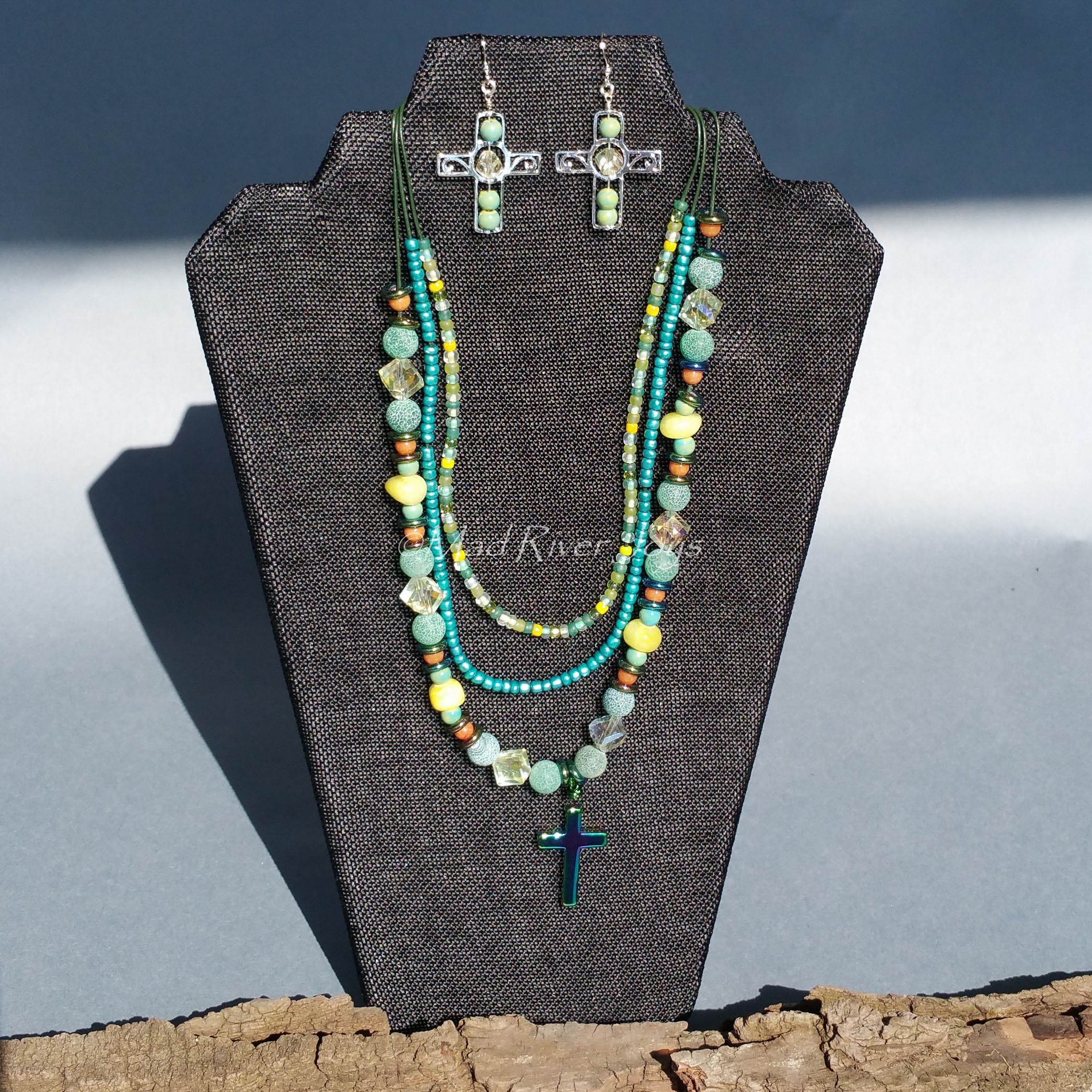 Earrings--Silver Cross--Yellow Crystal/Green Raku