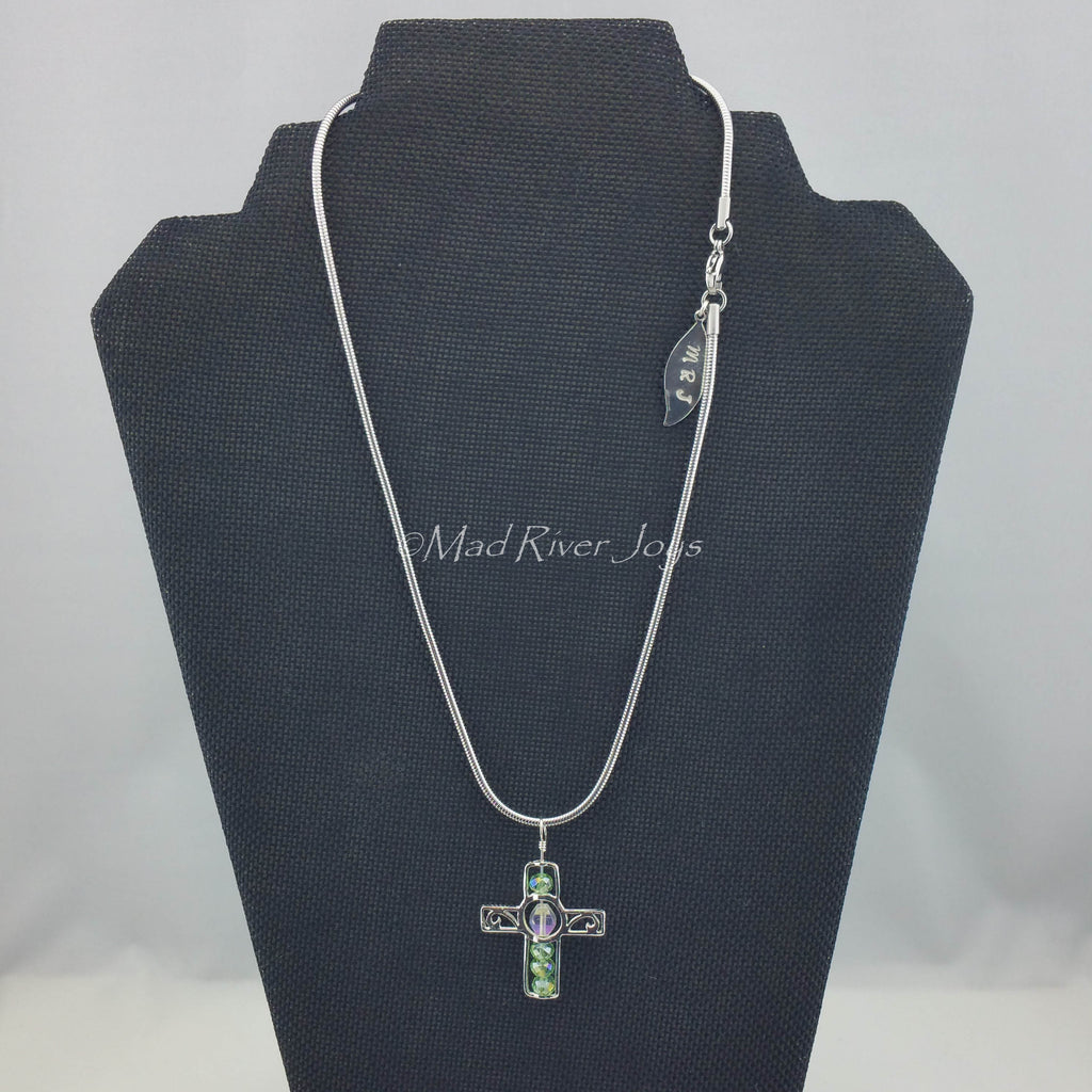 Necklace--Silver Cross--Light Green AB